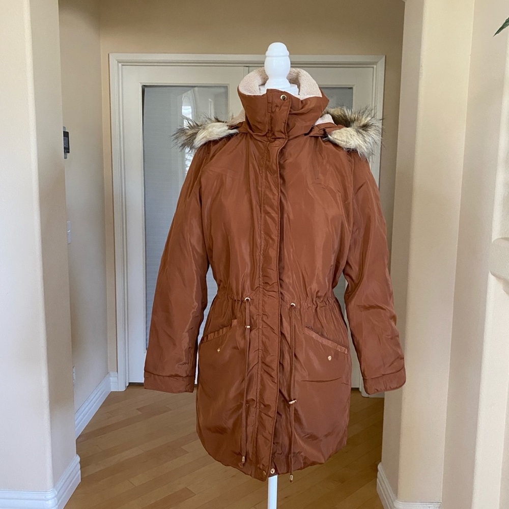 Haute Monde Rust Puffer Coat with Hood Faux Fur